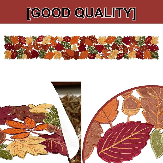 OWENIE Thanksgiving Table Runner, Fall Farmhouse Table Runner for Thanksgiving Holiday, Thanksgiving Table Runner 90 Inch Long with Embroidered Cutwork Maple Lea, 13x 90 Inches