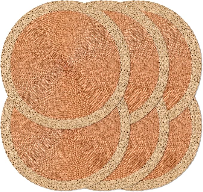 Noctiflorous Round Braided Placemats Set of 6 Table Mats 15 Inches Washable Heat Resistant for Dining Table Non-Slip Indoor Outdoor Place Mats for Thanksgiving Christmas Easter(Orange Wide Edge 6)