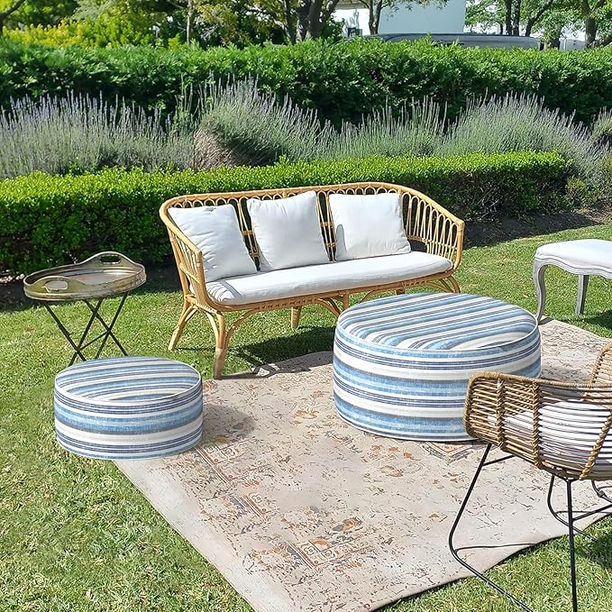 LVTXIII Inflatable Stool Ottoman Footrest with Handle, Decorative Fade-Resistant Foot Stool, Indoor or Outdoor Pouf for Home Garden and Camping Use, D21 x W 21 x H9, Stripe Layered Blue