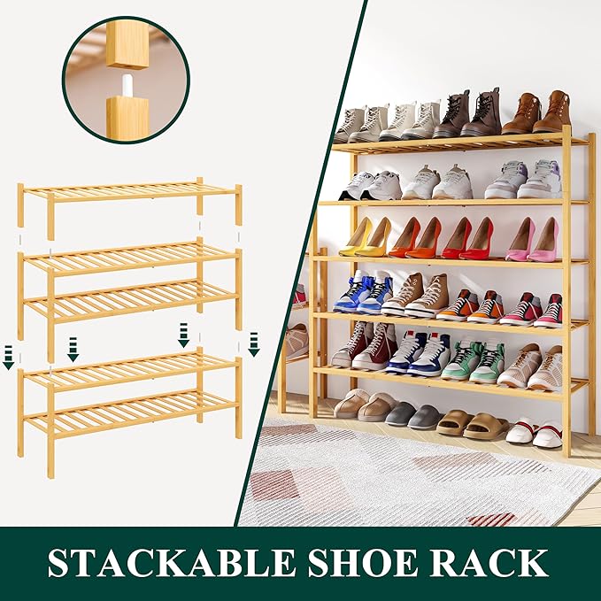 Smiry Shoe Rack, 2 Tier Long Bamboo Shoe Organizer, Stackable Free Standing Wooden Shoe Storage Shelf for Closet, Entryway, Front Door Entrance, Natural