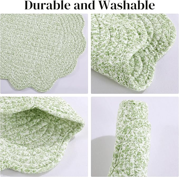 HOMBYS Quilted Placemats Set of 6 Washable Round Placemats for Kitchen Table-100% Cotton Fabric 13 Inch Round Table Mats, Cotton Fabric with Microfiber Filling, (13"x13", White & Green Flower)