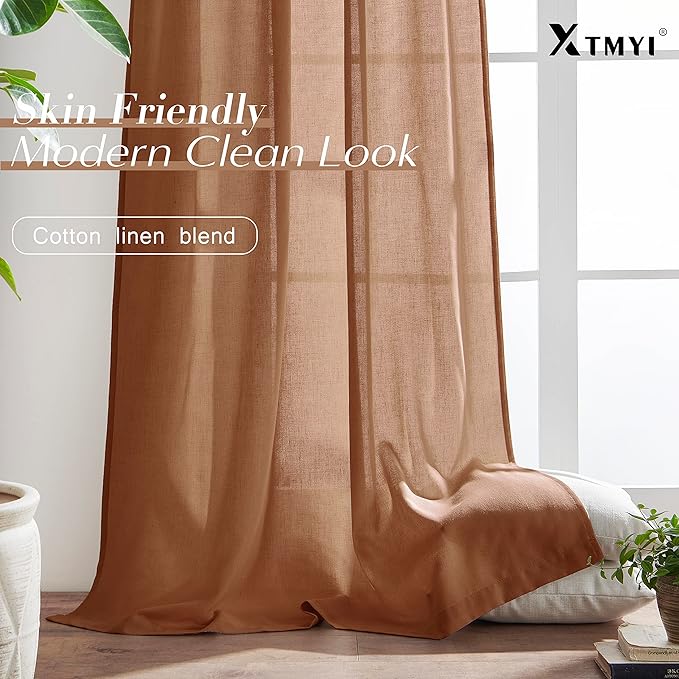 XTMYI 70 Inches Wide Terracotta Country Curtains for Living Room,Sheer Linen Curtains for Bedroom 96 Inches Long