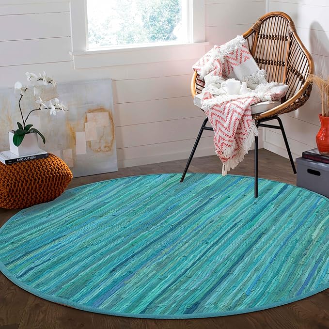 Area Rugs 4Ft Round Teal Handwoven Rug Farmhouse Green for Bedroom, Bathroom,Living Room | Boho Reversible Washable RagRug Circle Carpet for Kitchen, Patio, Kids Playroom, Nursery