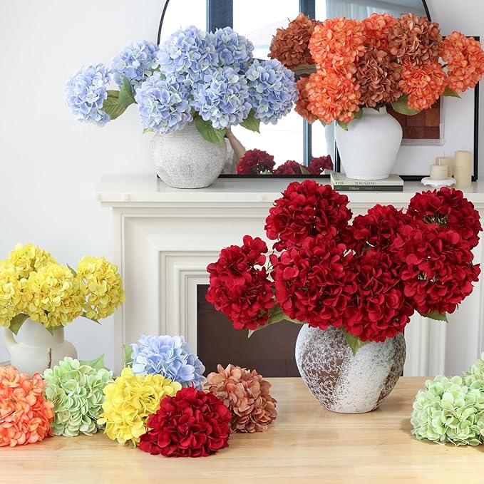 mizii 4Pcs Yellow Artificial Hydrangea Flowers Large Fake Silk Hydrangea Flower with Leaves Stems Realistic Faux Hydrangeas Decorations for Wedding Table Centerpieces Vase Home Decor (Yellow)