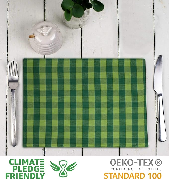 Urban Villa Green Checks Special 100% Cotton Fused Place Mats 14''x 20'' Over Sized Set of 6 Green Check Plaid Every Day Use Heavier Quality