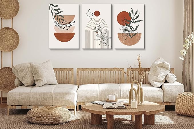 Boho Wall Art Prints,Boho Wall Decor, Mid Century Modern Wall Art,Set of 3 Prints, Abstract Geometric Prints Black Beige Terracotta Minimalist Art, Natural Framed Canvas Prints Artwork For Living Room