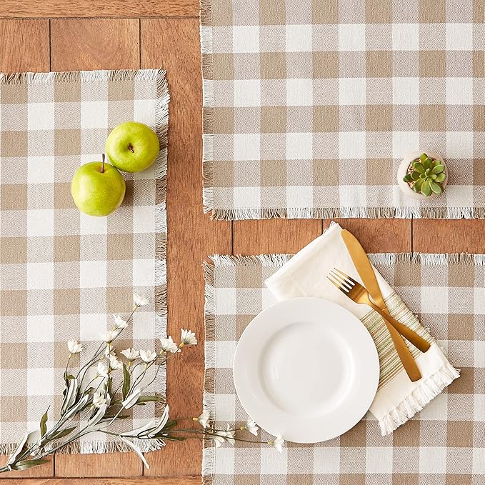 DII Heavyweight Fringed Check Tabletop Collection, Placemat Set, 13x19, Stone Brown, 6 Piece