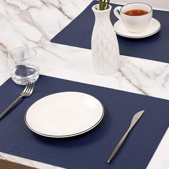 Faux Leather Placemats, PU Table Mats, Set of 4, Waterproof, Stain Resistant, Heat Resistant, Non-Slip Easy to Clean for Kitchen Dining Table,Conference Table C Blue Rectangle