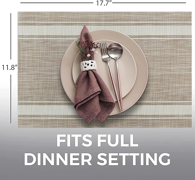 More Décor Dining Table Placemats, Washable Heat-Resistant PVC Vinyl Table Mats for Dining Room and Kitchen, Anti-Slip - Set of 4 - Horizontal Striped White- Beige
