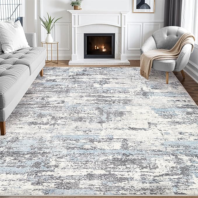 Area Rugs for Living Room: 8x10 Abstract Washable Rug Modern Neutral Large Soft Stain Resistant Non-Slip Backing Machine Table for Bedroom Dining Room Indoor Home Office Carpet - Blue Grey