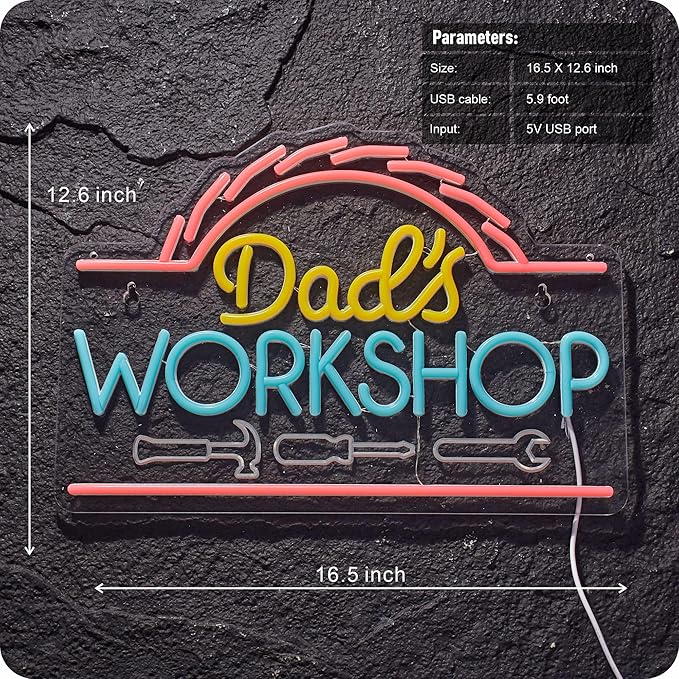 Dad's Workshop Neon Sign for Wall Decor Garage LED Light Car signs for Auto Repair Shop Man Cave Gift for Father 12.6 x 16.5 in (Yellow Pink)
