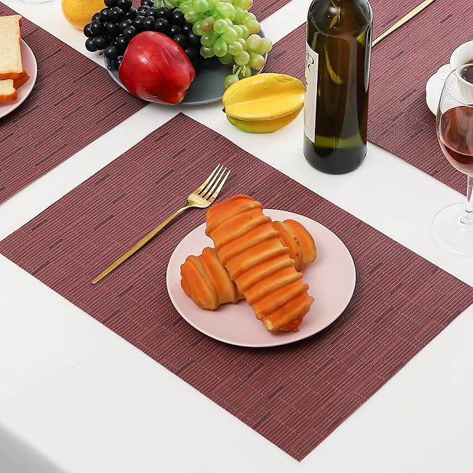 Leetaltree Burgundy Placemats Set of 4 - Heat Resistant Non-Slip Place mats for Dining Table, Washable Durable PVC Vinyl Woven Table Mats(Burgundy, 4)