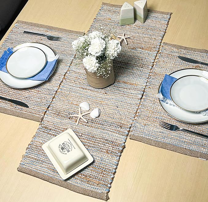 Chardin Home Natural Jute Table Runner 13x36 Inch – Vintage Boho Rustic Table Decor – Handwoven Jute Table Runner in Natural and Blue – Farmhouse Dining or Console Table Accent