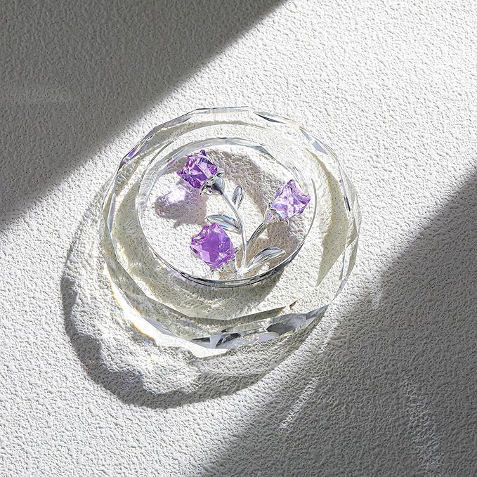 Crystal Purple Rose Bouquet Figurines Glass Flowers with Stems Valentines Anniversary Rose Gifts for Girlfriend Wife, Purple Crystal Rose in Glass Ring Collectible Figurines Forever Roses Decor