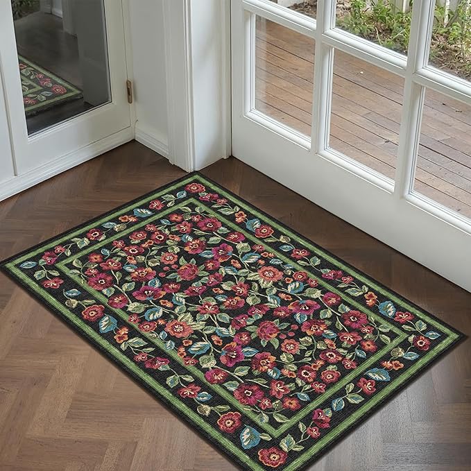 Black Area Rug 2x3 Washable Entryway Door Mat Entrance Non Slip Kitchen Carpet Soft Floral Indoor Vintage Low Pile Accent Throw Rug for Office Dining Room Nursery Bathroom Farmhouse
