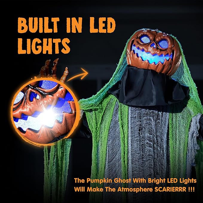 JOYIN 72" Halloween Decorations Outdoor Life Size Animatronics Ghost Pumpkin Decor, Sound-Actived Haunted House Props with Creepy Sound for Garden Yard Lawn