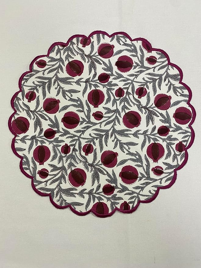 Ridhi Sangria Red Bo-ho Round Place Mat Double Layer Floral Cotton Washable Placemats 15" Round Embroidery Block Print Table Mat Pack of 4-15 Inch Round