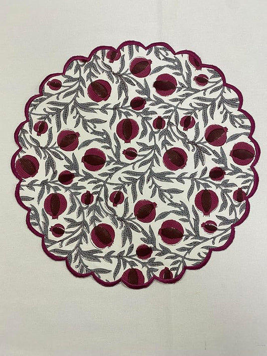 Ridhi Sangria Red Bo-ho Round Place Mat Double Layer Floral Cotton Washable Placemats 15" Round Embroidery Block Print Table Mat Pack of 4-15 Inch Round