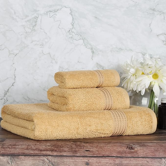 Superior Egyptian Cotton 3-Piece Towel Set, Basic Towels For Bathroom, Home Decor, Guest Bath, Shower, Apartment, Included 1 Face, 1 Hand, 1 Bath Towel, Washcloth, Quick Dry, Gold