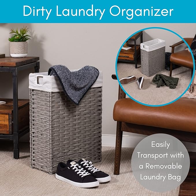 BIRDROCK HOME 22" Laundry Hamper with Removable Liner Bag - Handwoven PE Rattan Clothes Basket - Compact & Collapsible Laundry Storage for Bedroom & Bathroom - Perfect for Small Spaces - Slim, Grey