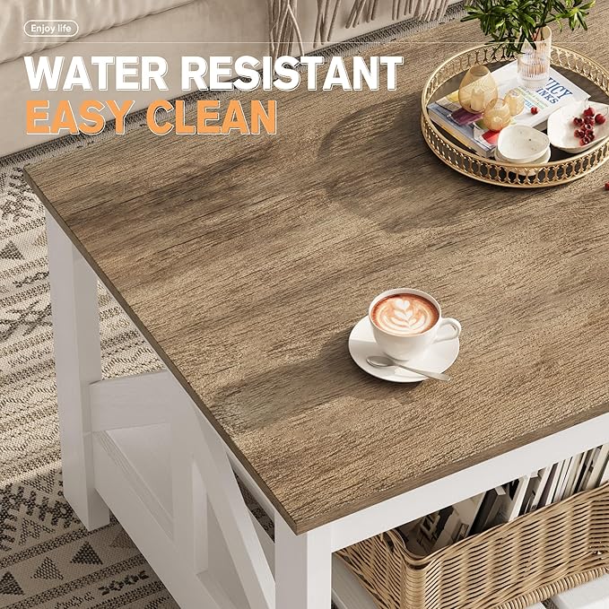 YESHOMY 39" Farmhouse Coffee Table, Coffee Tables for Living Room, Farmhouse Square Coffee Table with Storage, Couch Table, Small Tables for Small Spaces, Gray and White