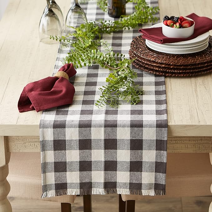 DII Heavyweight Fringed Check Tabletop Collection, Table Runner, 14x72, Mineral