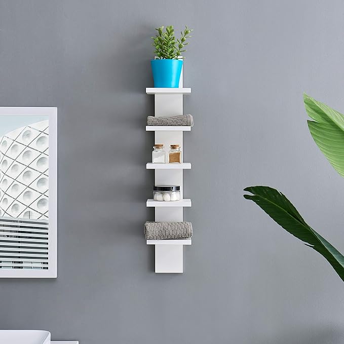 Danya B 5 Tier Wall Shelf Unit Narrow - Vertical Column Ladder Shelf, Floating Storage, Home Decor Organizer, Tall Tower Design, Utility Shelving, Bedroom, Living Room (White)