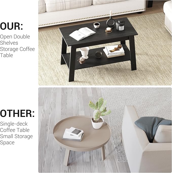 2-Tie Coffee Table, Rustic Wood Living Room Tables with Open Rectangular Storage Compartment, Coffee Tables for Living Room, Outdoors, Home Office, Bedroom, Black