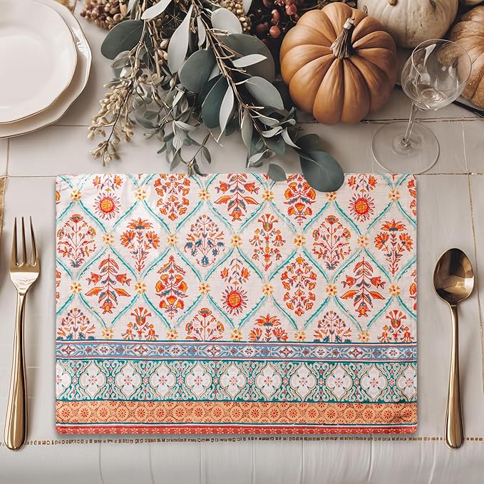 Maison d' Hermine Placemats Set of 4 100% Cotton Washable Cloth Place Mats, Reusable Table Mats for Kitchen Dining Decoration, Party, Wedding, Restaurant (Romane, 13" x 19")