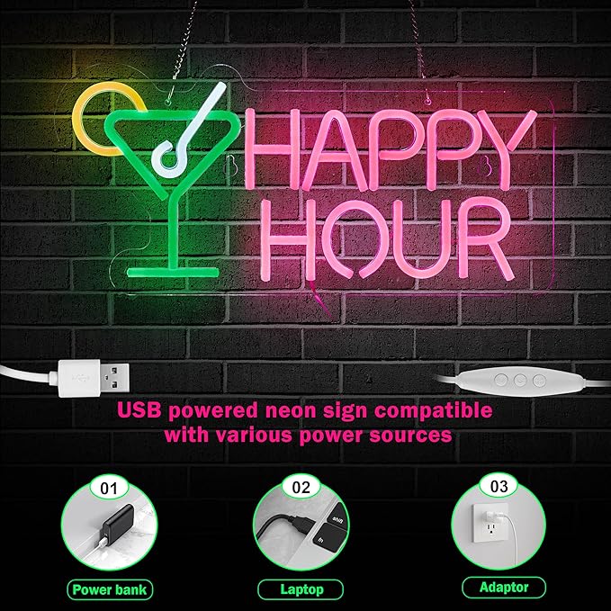 Cocktails Happy Hour Neon Sign for wall décor with Dimmable Switch LED Neon Signs Bedroom Beer Bar Neon Light Sign Hotel Party Club Office Art Lights.
