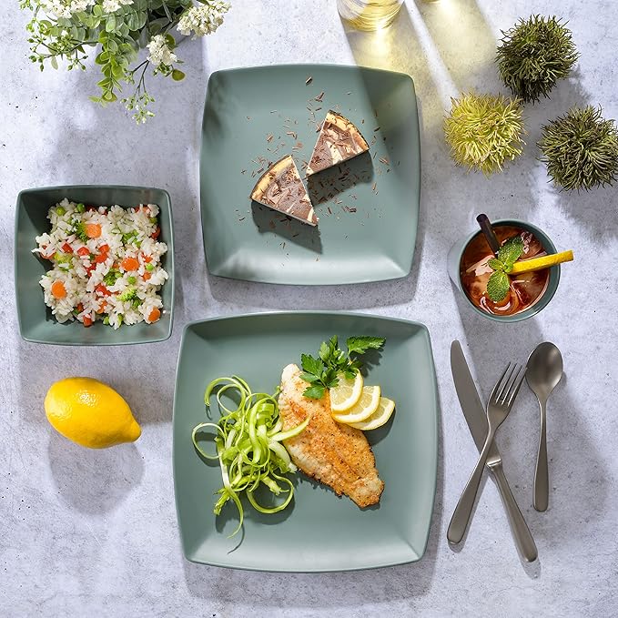 Gibson Home Soho Grayson Square Melamine Plastic Dinnerware Set, Service for Four (16pcs), Green