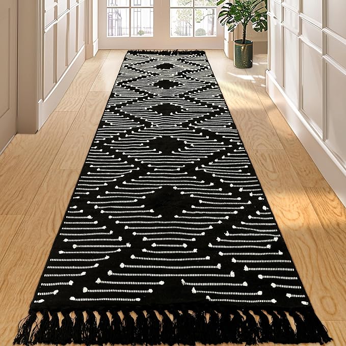 Tritard Boho Runner Rug 2x10 - Washable Long Hallway Rug with Tassels, Thin Woven Farmhouse Kitchen Runner Rugs Cotton Aztec Lightweight Carpet for Entryway, Laundry, Bathroom, Black and White