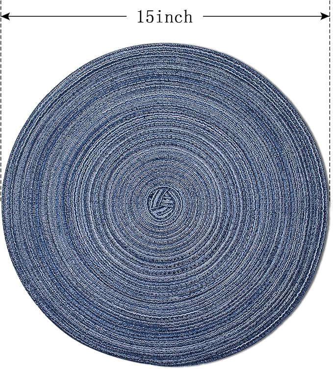 FunWheat Round Braided Placemats Set of 6 Place mats for Dining Tables Woven Heat Resistant Table Mats 15 inch (Blue)