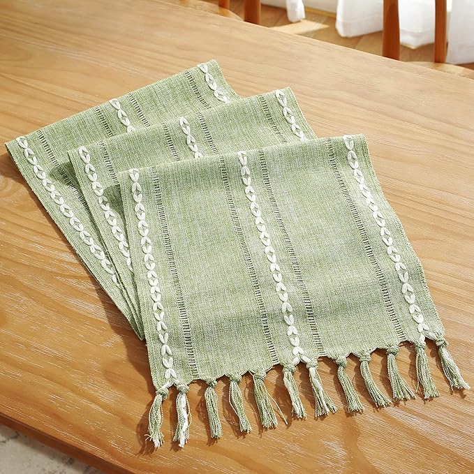 Rustic Farmhouse Style Linen Table Runner, Boho Handmade Tassel Embroidered Small Table Runners 48 Inches Long for Holiday Party, Christmas and Dining Decorations, 13 inchW X 48 inchL - Sage Green
