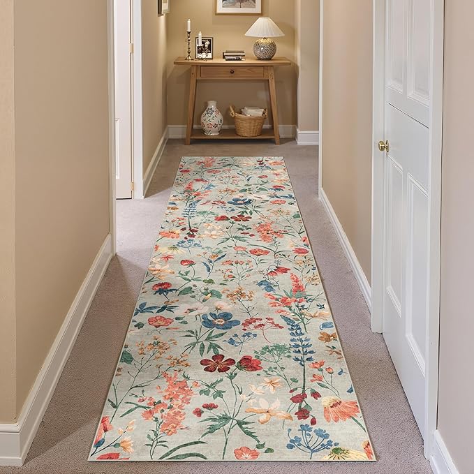 Floral Runner Rug 2x10 Washable Hallway Long Beige Bedroom Carpet Non Slip Indoor Boho Kitchen Low Pile Accent Rug Lightweight Soft for Bathroom Dining Laundry Living Room