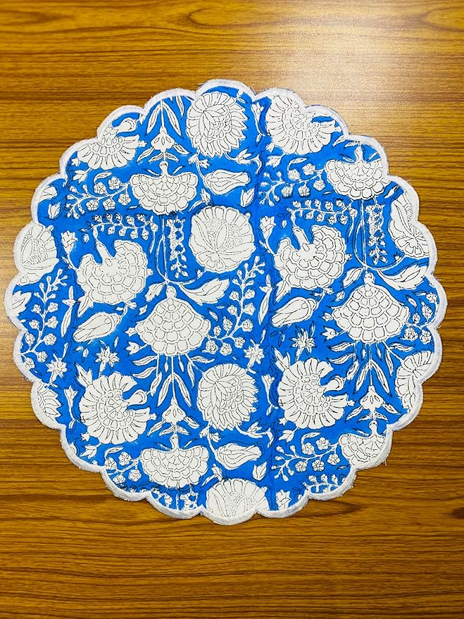 Ridhi Dodger Blue Bo-ho Round Place Mat Double Layer Floral Cotton Washable Placemats 15" Round Embroidery Block Print Table Mat Pack of 4-15 Inch Round