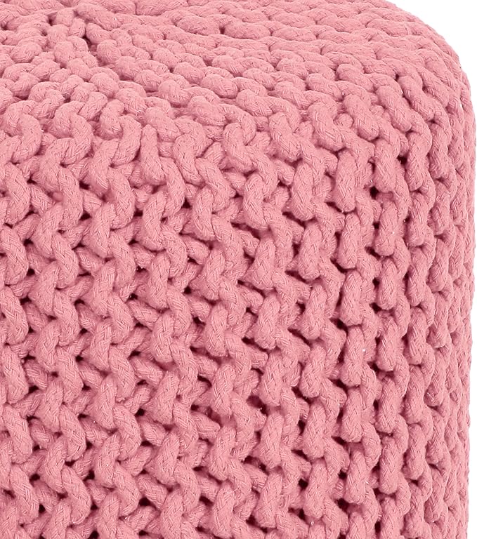 COTTON CRAFT Braided Round Pouf - Hand Knitted Cotton Cord Cable Dori Cylindrical Ottoman - Foot Stool - Floor Pouf - Footrest - Accent Seat - Living Room Bedroom Dorm Décor - 15 Round x 16 H - Pink