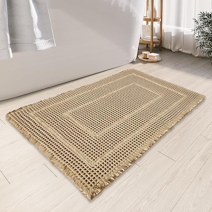 Bath Rugs Mat,Upgraded Waffle Bath mat,Super Absorbent Non Slip Bath Rugs,Machine Washable Rugs for Shower Room, Rubber Backed Bath Mats, Ultra Soft,Brown,18" x 30"