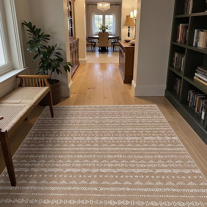 Deerly 3x5 Rugs Boho Moroccan Farmhouse Machine Washable Rug 3x5 Area Rug Non-Slip, Soft Low Pile Indoor Floor Carpet Neutral Rug for Living Room Kitchen Bedroom, Coffee