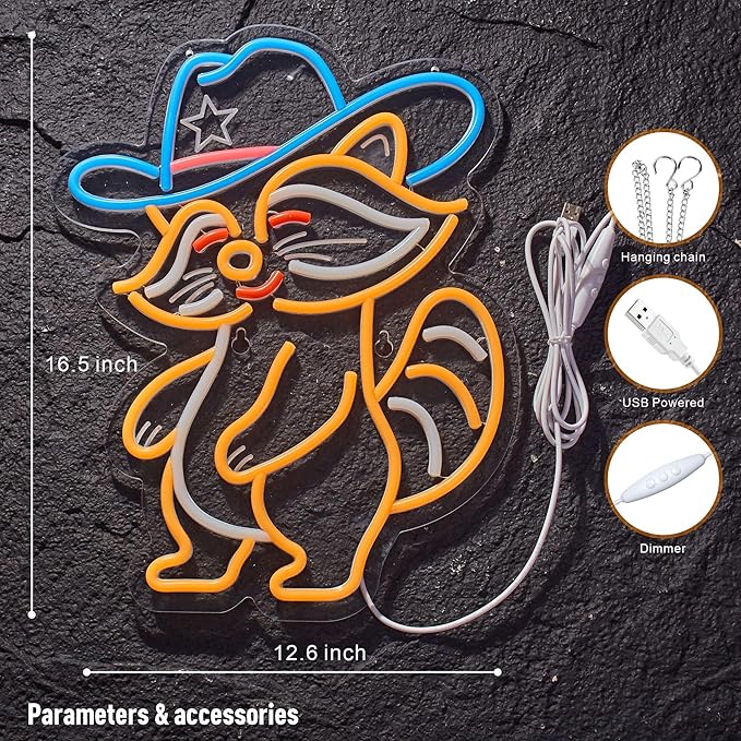 Cowboy Racoon Neon Sign Raccoon Neon Light Cowboy LED Sign USB Powered Dimmable Art Signs for Bar Pub Store Man Cave Kids Room 16.2 X 12.6 inch