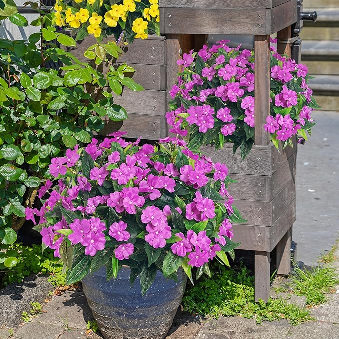 15.7”Spring Decorations for Home Flowers Fake Plants Fake Flowers Artificial Impatiens Bouquet Flowers for Outdoors Silk Faux Flowers Impatiens Plants Decor Indoor Planters 8PCS (Purple)