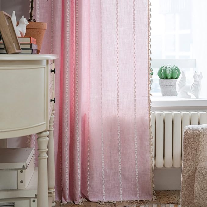 Sutuo Home Boho Curtain for Bedroom Living Room 63 Inch Length, Light Filtering Country Farmhouse Vintage Shabby Chic Tassels Window Treatment Bohemian Drape, 1 Panel 52" W x 63" L, Pink