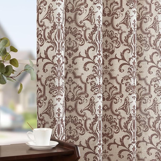 jinchan Linen Curtains for Bedroom Brown Damask Patterned 90 Inches Long for Living Room Light Filtering Vintage Curtains Baroque Style Drapes Grommet Window Treatments 2 Panels Set
