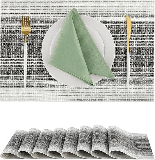 Leetaltree Black with White Woven Placemats Set of 8 - Heat Resistant Non-Slip Place mats for Dining Table, Washable Durable PVC Vinyl Woven Table Mats(Black with White, 8)