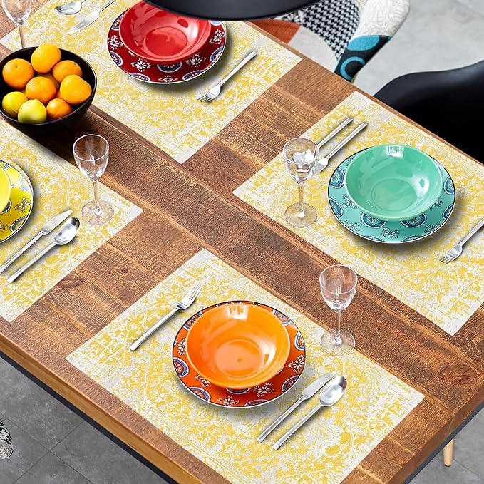 Gray Yellow Boho Placemats Set of 4 Ethnic Bohemian Carpet Place Mats Washable Kitchen Dining Vintage Grey Geography Floral Linen Table Mats Stain Heat-Resistant Cloth Tabel for Home Party 12x18 in