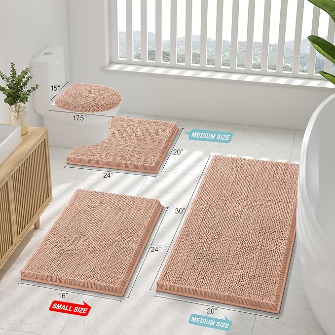 Smiry Luxury Chenille Bathroom Rugs 30x20, Extra Soft and Absorbent Shaggy Bath Mat, Machine Washable, Non-Slip Plush Carpet Runner for Tub, Shower, and Floor, Home Decor Accessories, Peach