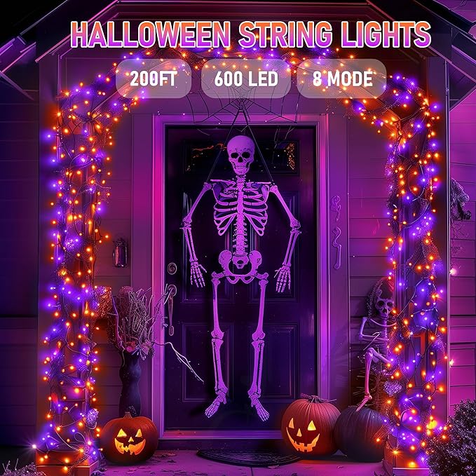 Dazzle Bright Halloween String Lights, 600 LED 196 FT Waterproof Green Wire String Lights with 8 Lighting Modes, Halloween Decorations Outdoor for Party Yard Garden Decor, Purple and Orange