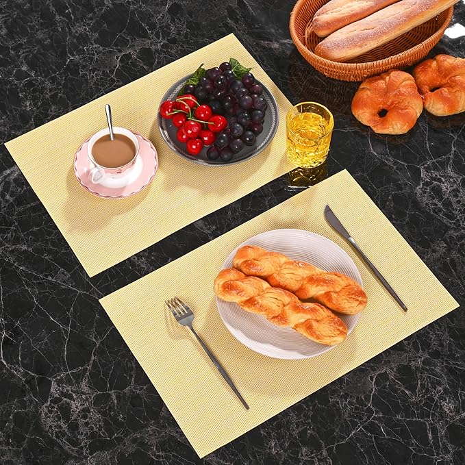 Zupro Placemats Set of 4 Washable Heat-Resistant Non Slip Braided Table Mats Woven PVC Vinyl Kitchen Dining Patio Table Place Mats for Dinner Parties BBQs Indoor and Ourdoor Use.18"x12"(Light Yellow)