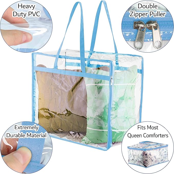 Clear Vinyl Zippered Storage Bags (3-Pack) 40L Sturdy Storage Bags for Sweaters, Blankets, Comforters, Bedding Sets and Much More! (Light Blue, 18x15x9)