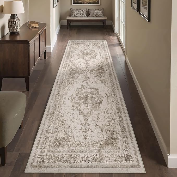 Runner Rug 3x8 Washable Taupe Hallway Runner Vintage Boho Medallion Non Slip Distressed Retro Carpet Indoor Low Pile Long Soft Rug for Kitchen Entryway Bedroom Bathroom Laundry